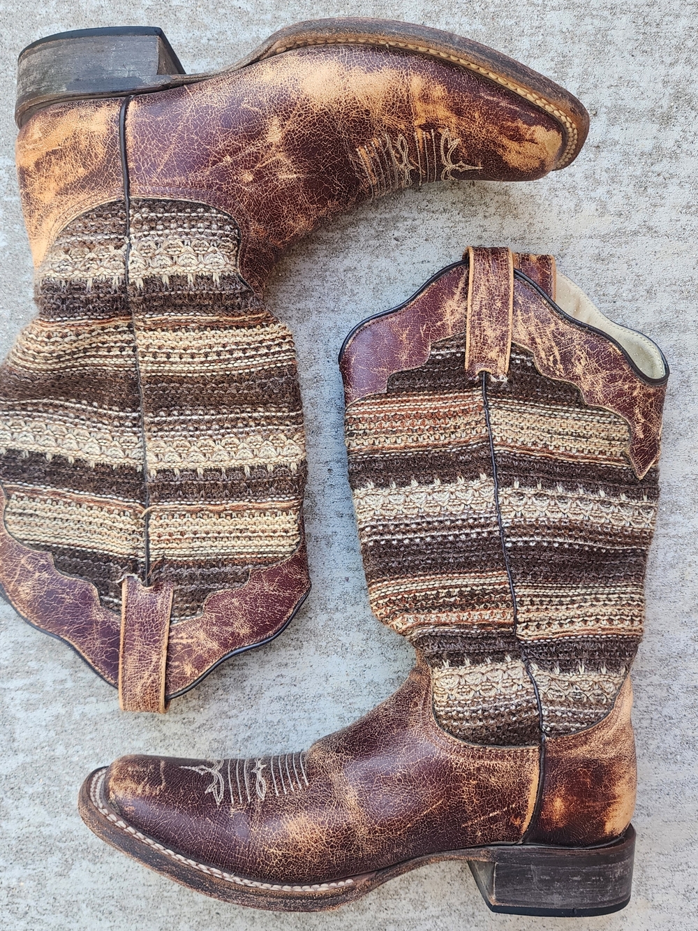 Roper Womens Distressed Brown Leather Woven Boho Western Cowboy Boots, Fits 9